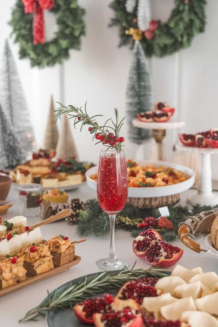 An indoor holiday buffet with stemmed flute of bright red Sparkling Rosemary Pomegranate, rosemary skewer threaded with pomegranate arils, gentle bubbles; no text or logos; photo