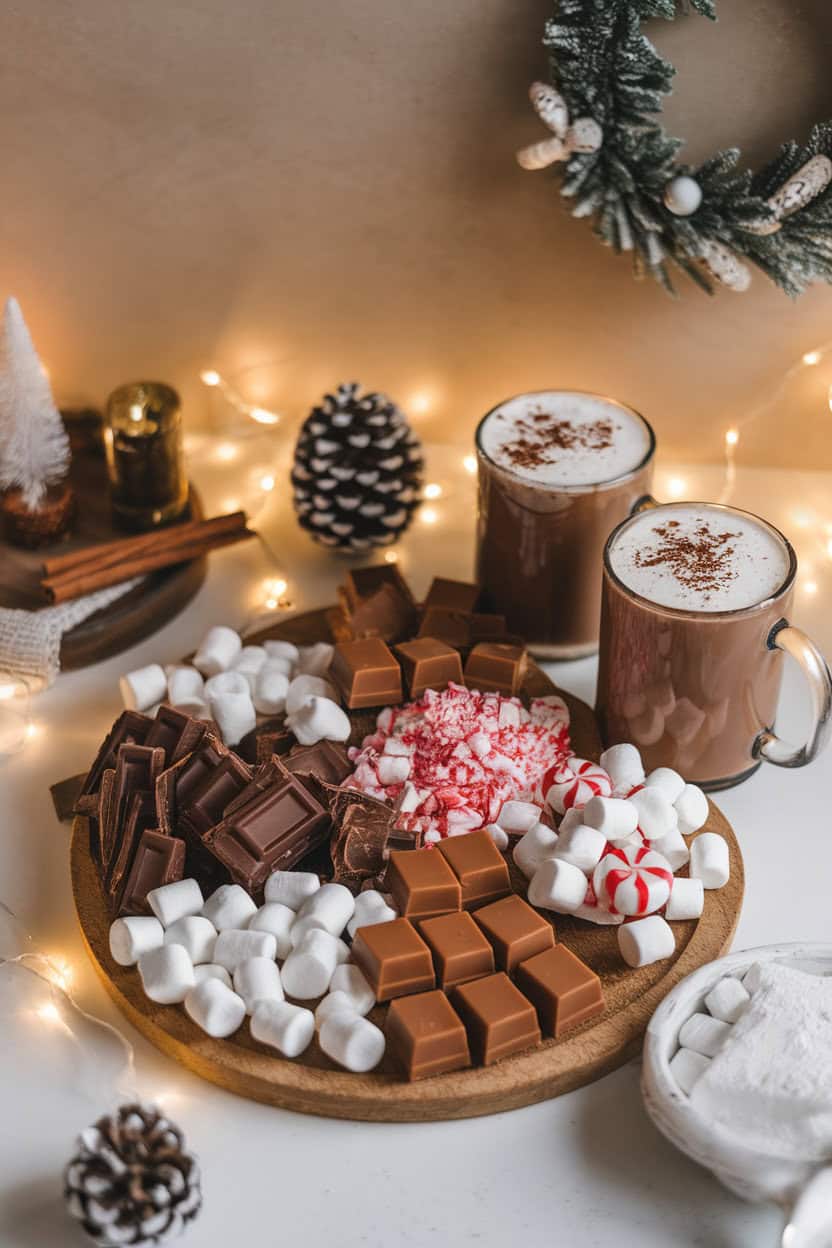 Indoor winter scene with a board of chocolate shavings, marshmallows, crushed peppermint, caramel squares, and cinnamon sticks next to mugs of cocoa, cozy lighting, logo-free.