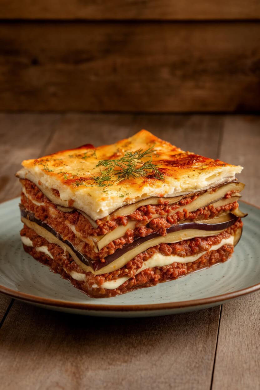 Photo of a square slice of cooked lamb moussaka showing layers of eggplant, meat sauce, and béchamel on an indoor plate, no text or logos.