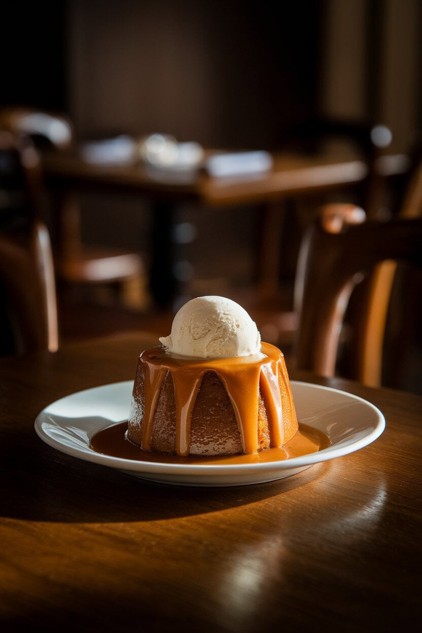 An indoor dining room scene with a small ramekin of sticky toffee pudding draped in warm toffee sauce, vanilla ice cream melting alongside; soft spotlight, no text or logos. Photo, not illustration.