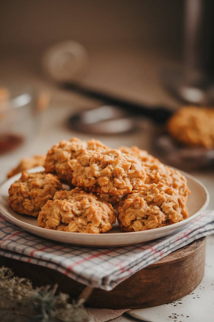Photo prompt: A plate of golden apple cider oatmeal cookies on a checkered cloth, shot indoors under soft lighting. No text or logos visible.
