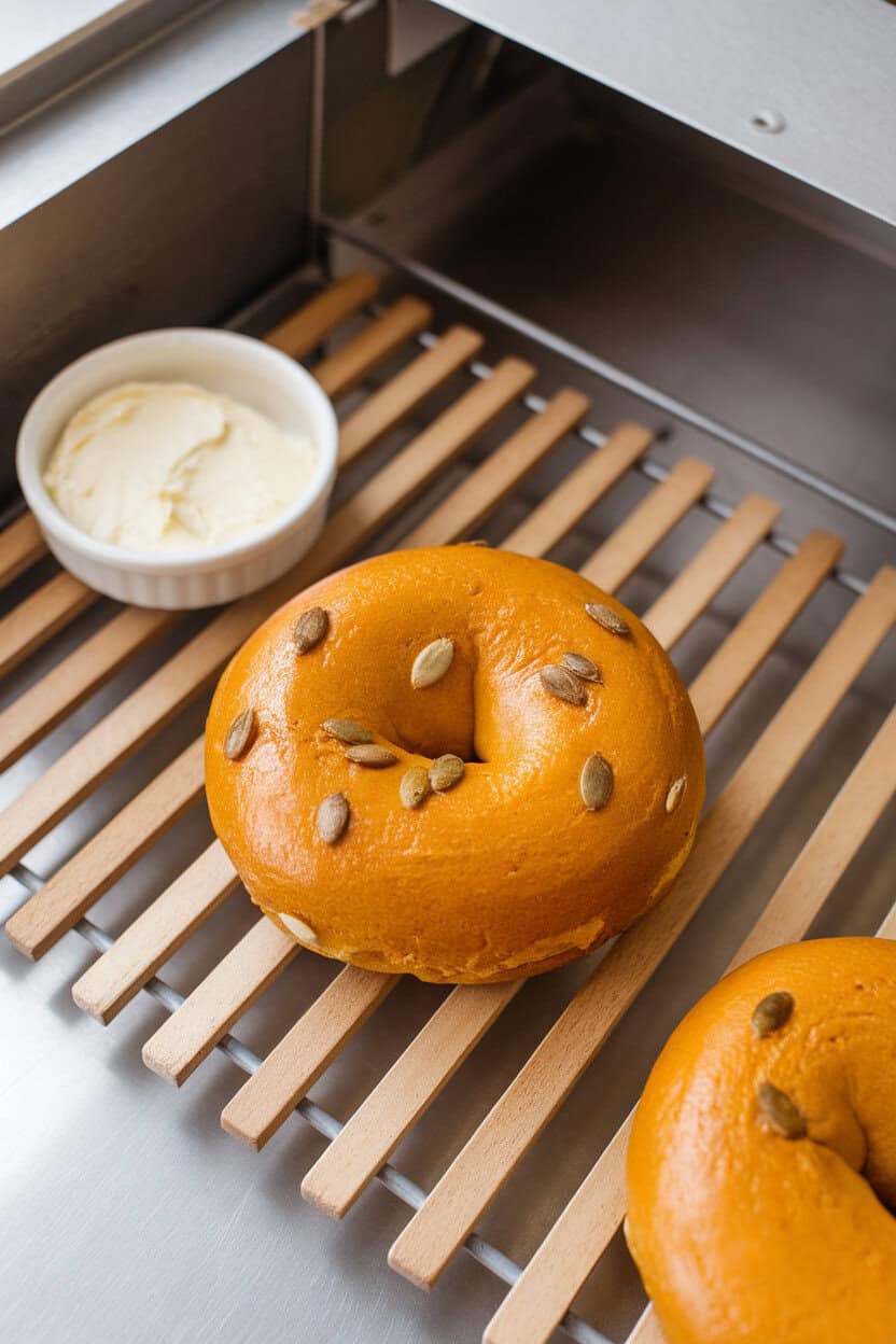 Indoor bakery rack with pumpkin spice bagels, shiny from boiling, stacked neatly, a small bowl of cream cheese nearby. No text or logos. Photo, not illustration.