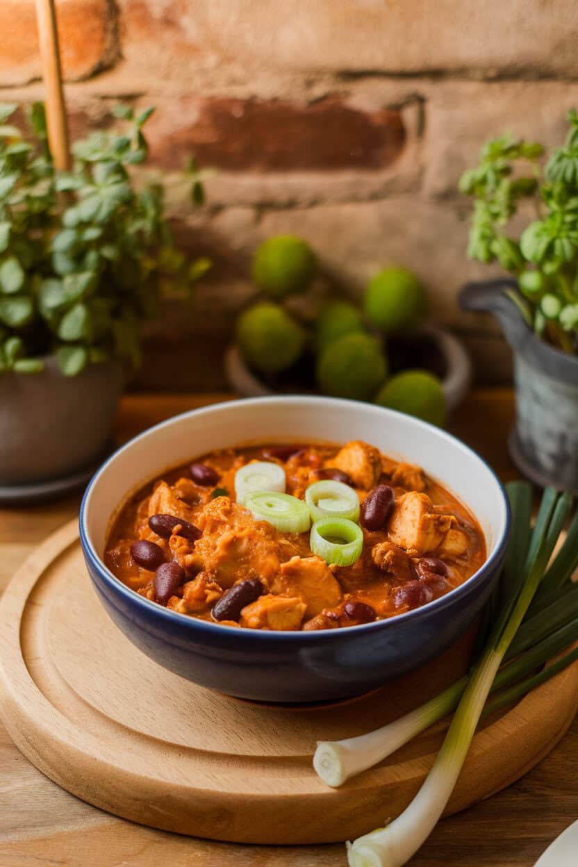 Indoor photo of a bowl of jerk-seasoned chili with kidney beans and chunks of chicken, garnished with sliced scallions; no text or logos