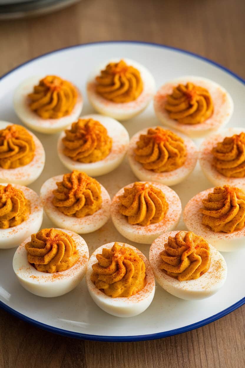 An indoor plate of halved deviled eggs with pumpkin-colored filling piped neatly, dusted with paprika. No text or logos visible. Photo only.