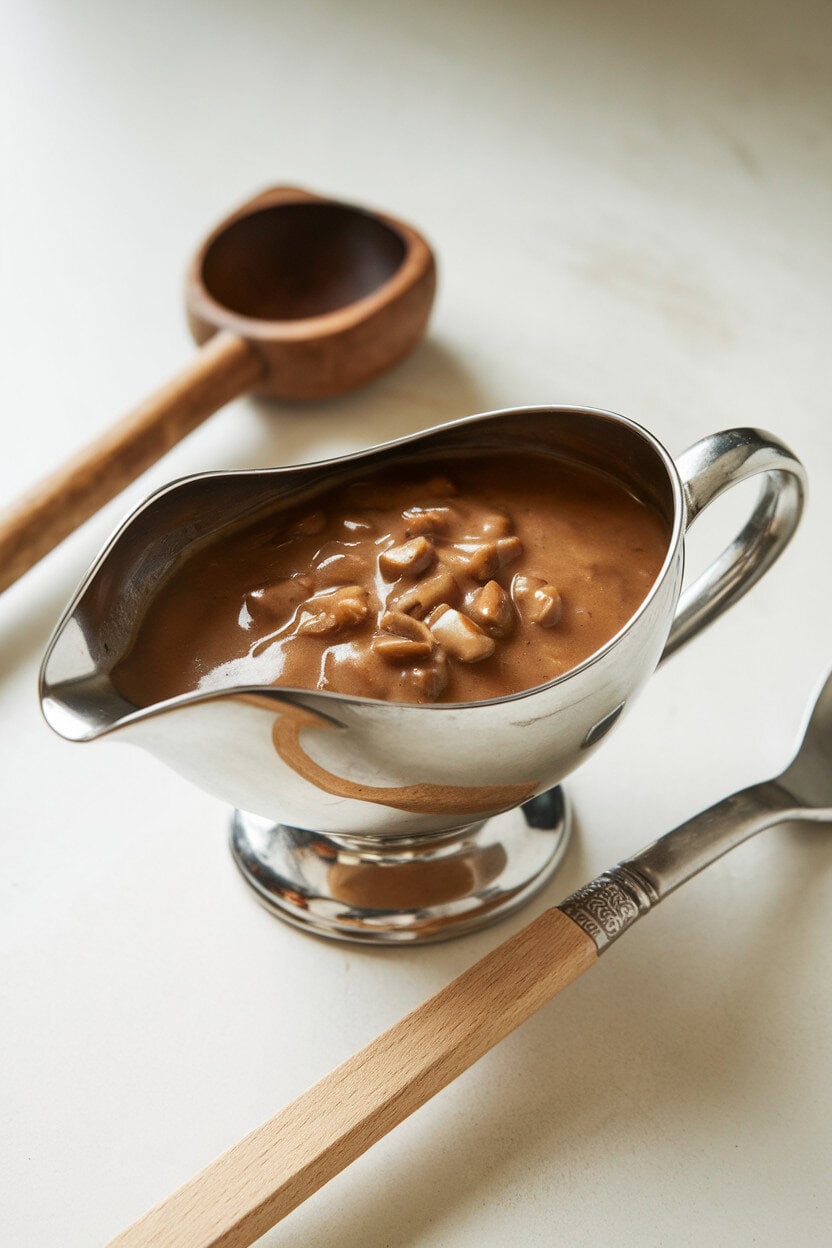 An indoor gravy boat filled with glossy brown mushroom gravy, finely diced mushrooms visible, set beside a ladle. No logos or text. Photo.</Prompt
