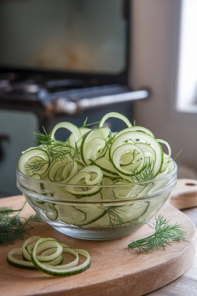 Indoor bowl of thin cucumber ribbons lightly pickled, dotted with dill fronds. Bright but soft lighting; no text or logos. Photo only.