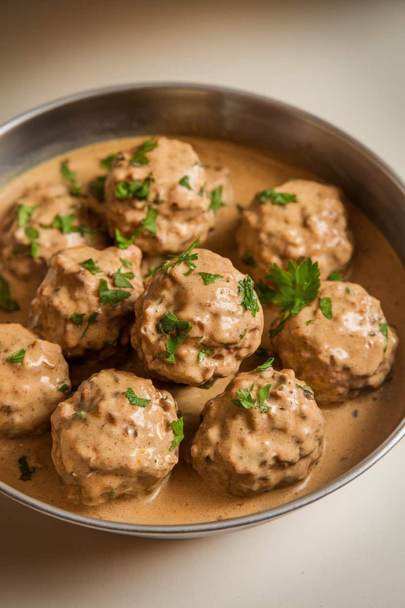 A shallow indoor serving bowl of Swedish meatballs coated in creamy gravy, sprinkled with parsley; photo, no text or logos.