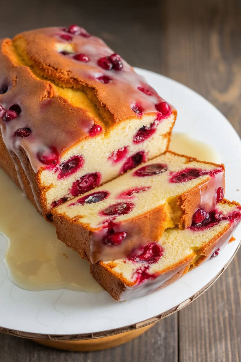 Indoor cake stand holding a loaf of cranberry orange pound cake, glaze pooling slightly at the base, sliced to show crimson berries. No text or logos. Photo, not illustration.