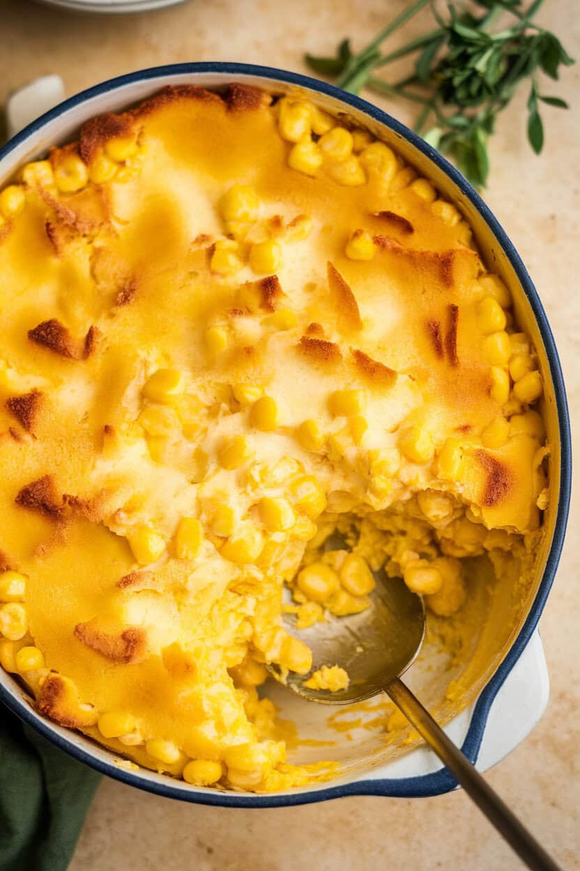 An indoor casserole dish scooped to reveal creamy yellow corn pudding, kernels suspended in a custardy base. No branding or text. Photo.</Prompt