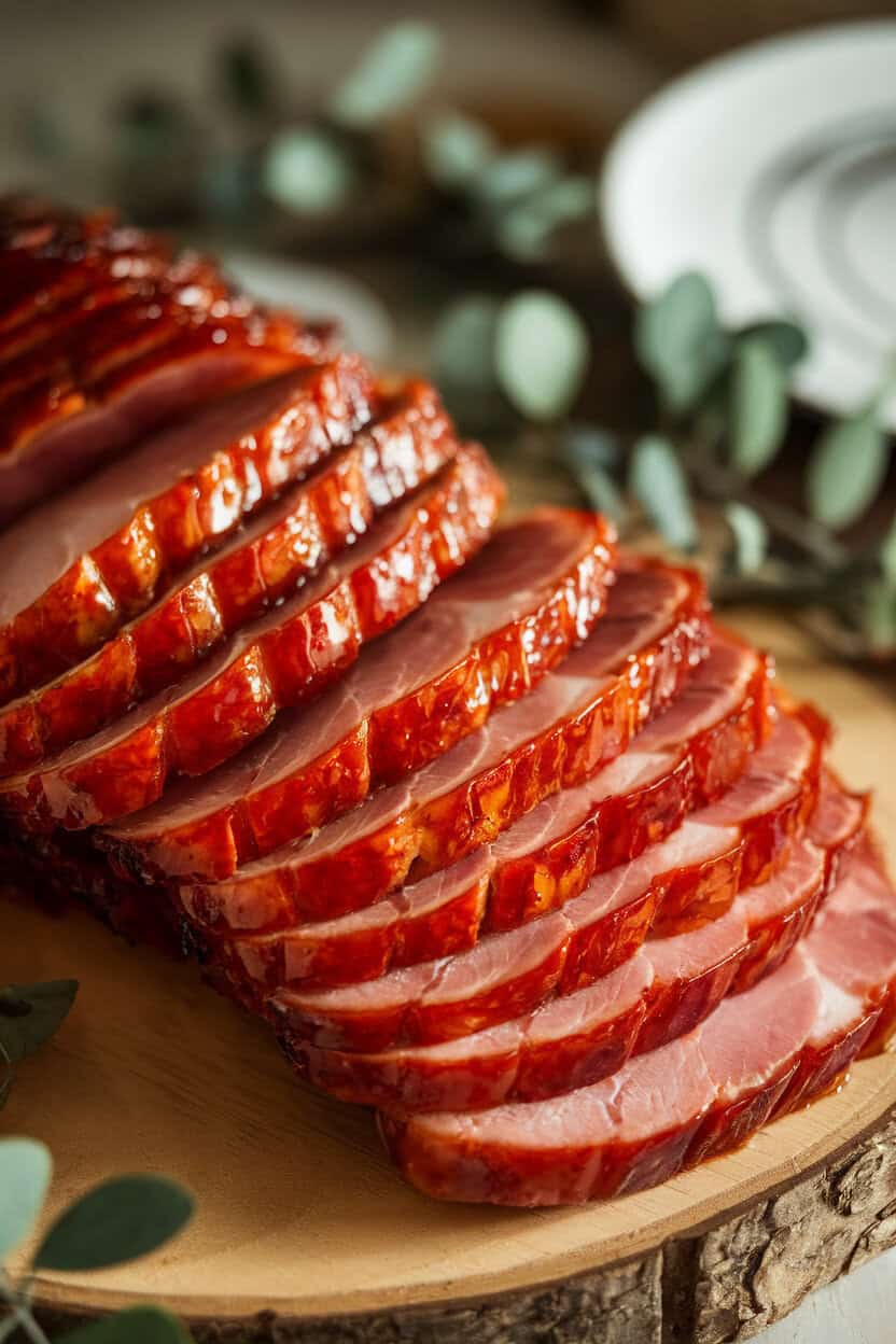 An indoor buffet with thick slices of honey-glazed ham arranged on a wooden board, glaze shimmering under soft light. No text or logos. Photo, not illustration.