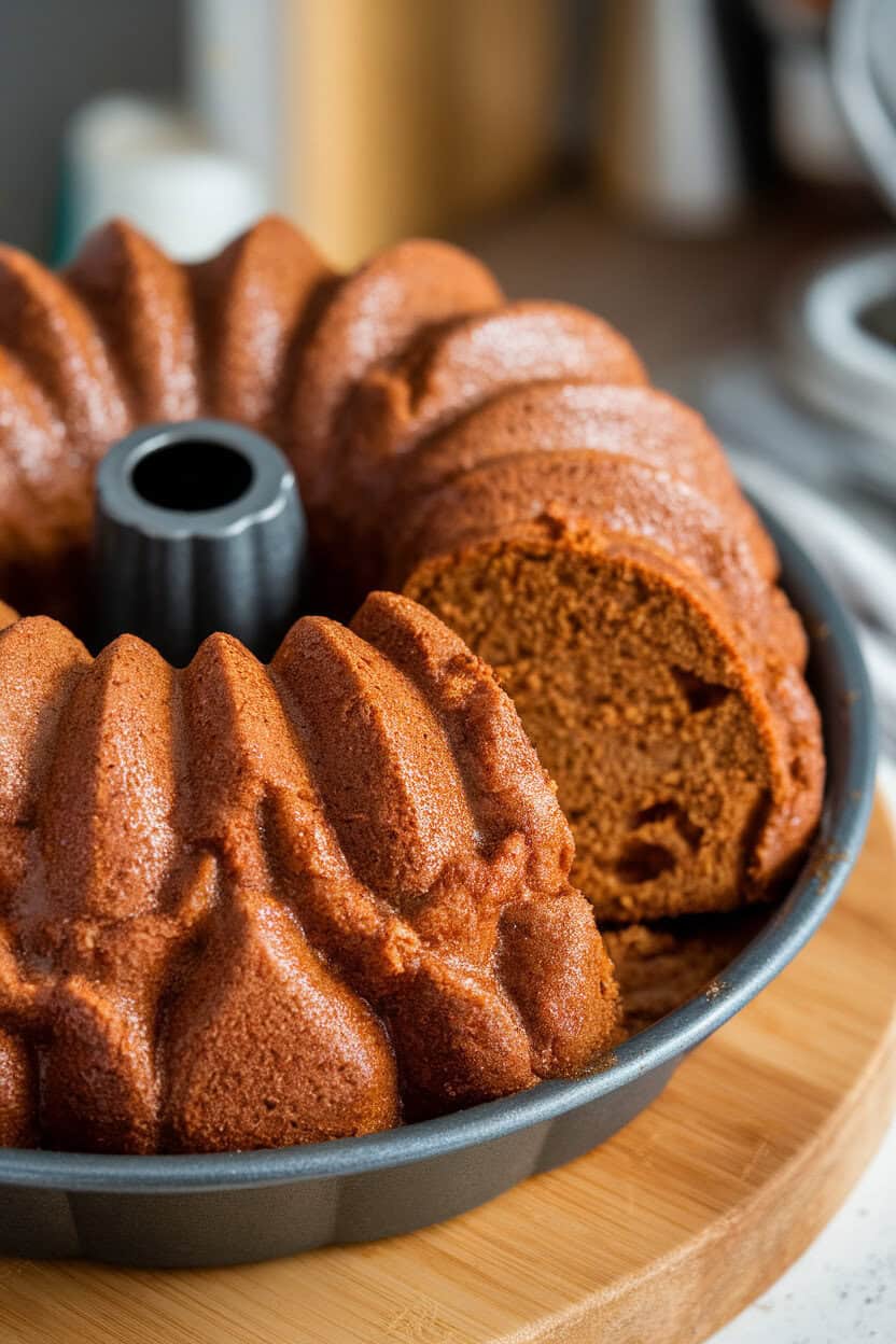 An indoor Bundt pan of sticky monkey bread, cinnamon sugar glaze glistening, pieces slightly pulled apart to show softness. No text or logos visible.