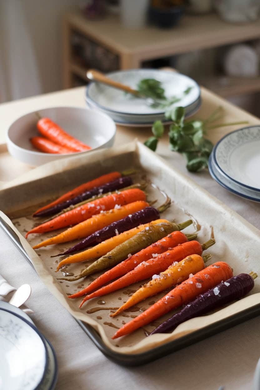 An indoor dining table displaying a parchment-lined sheet pan of roasted rainbow carrots drizzled with glossy maple glaze, flecks of sea salt visible. No text or logos. Photo, not illustration.