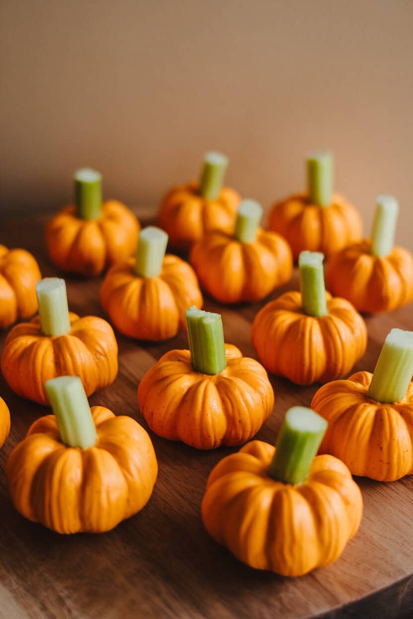 Indoor photo of small mounds of bright orange pimento cheese shaped into pumpkin balls, celery pieces as stems. No text or logos visible.