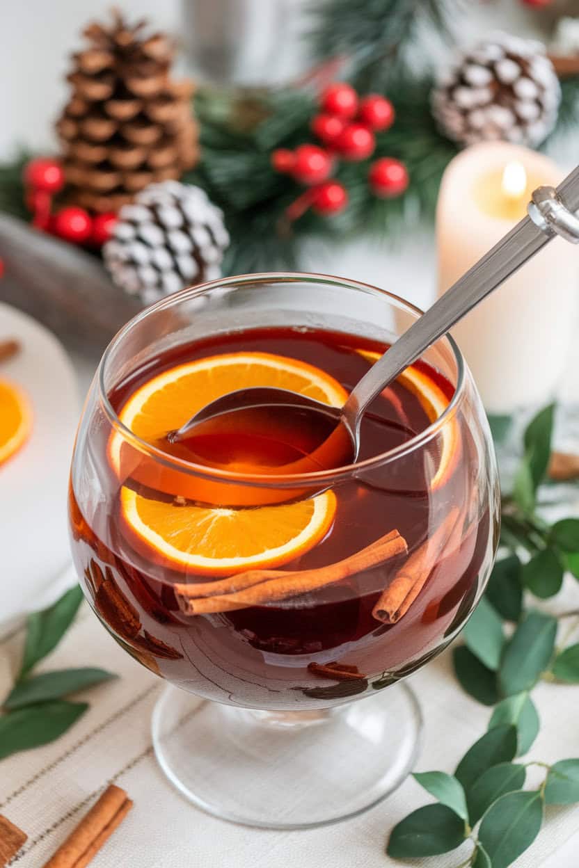 A festive indoor punch-bowl setup with a glass ladle resting in deep-amber Cinnamon Rum Punch, floating orange wheels and cinnamon sticks; no text or logos; photo