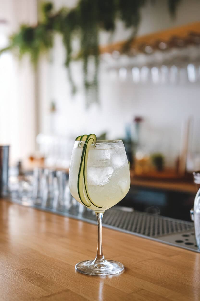 Indoor bar scene with a Collins glass filled with pale elderflower cocktail, plenty of ice, and a thin cucumber ribbon curled inside. Photo only, no text or branding.