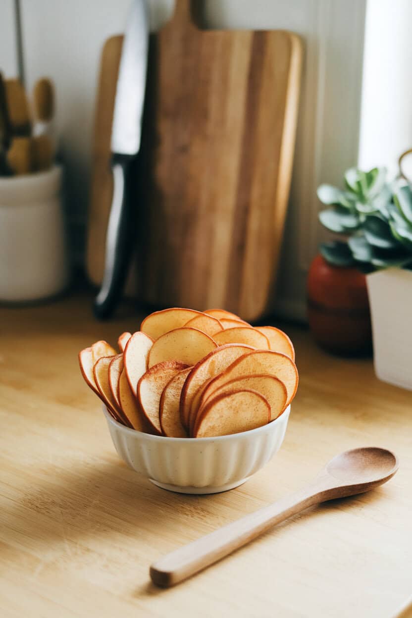 A kitchen counter with a small white bowl filled with thin, crispy cinnamon-sugar apple chips, soft warm lighting, no text or logos, photo style