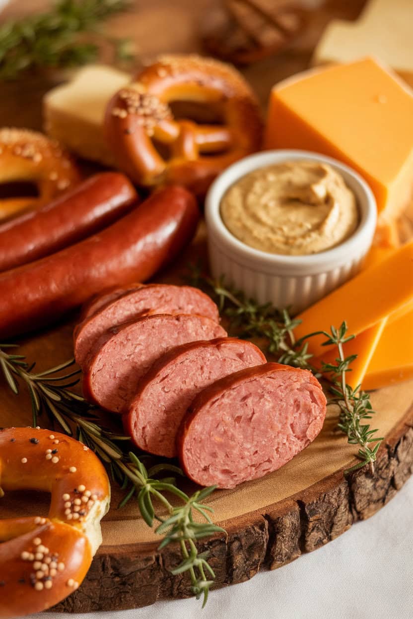 Indoor photo of cooked bratwurst slices, mini pretzels, smoked cheddar, and grainy mustard on a wooden board reminiscent of market stalls. No text or logos. Photo, not illustration.