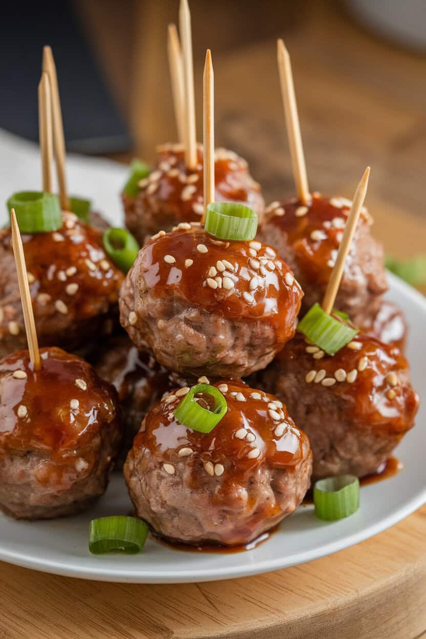 Warm indoor plate holding glazed beef meatballs sprinkled with sesame seeds and sliced scallions, tiny skewers inserted for easy grabbing. No text or logos.