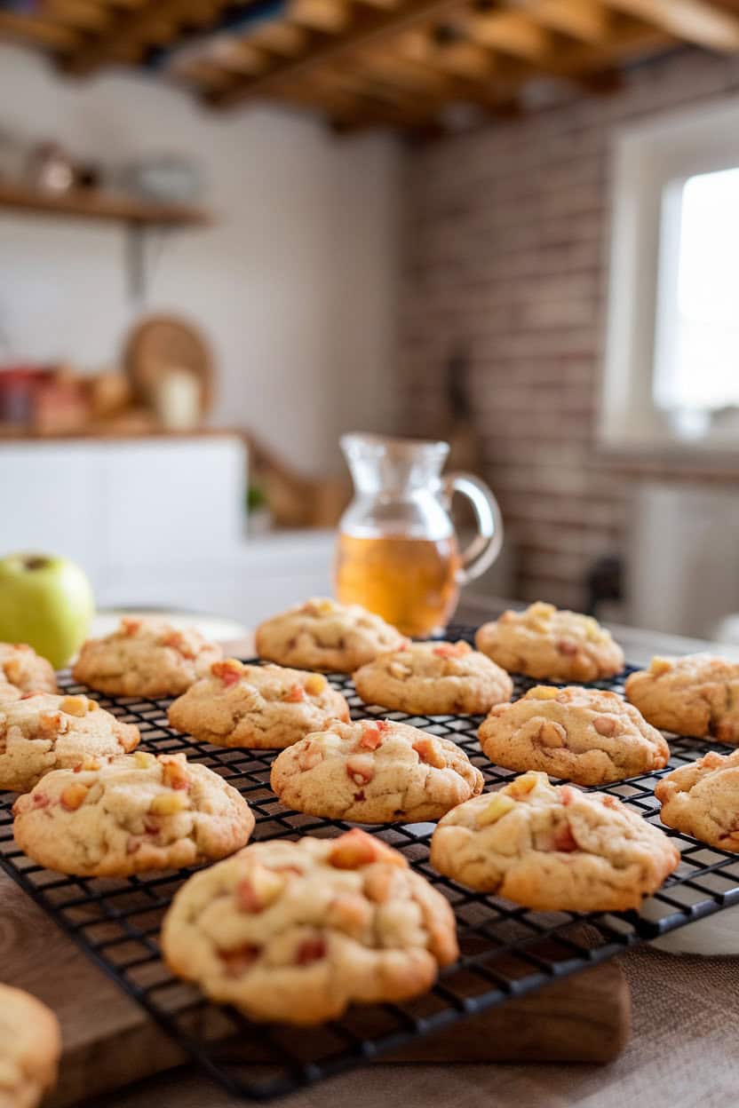 A photo inside a kitchen featuring a cooling rack of round cookies speckled with apple bits, a small pitcher of apple cider blurred in the background. No text or logos present.
