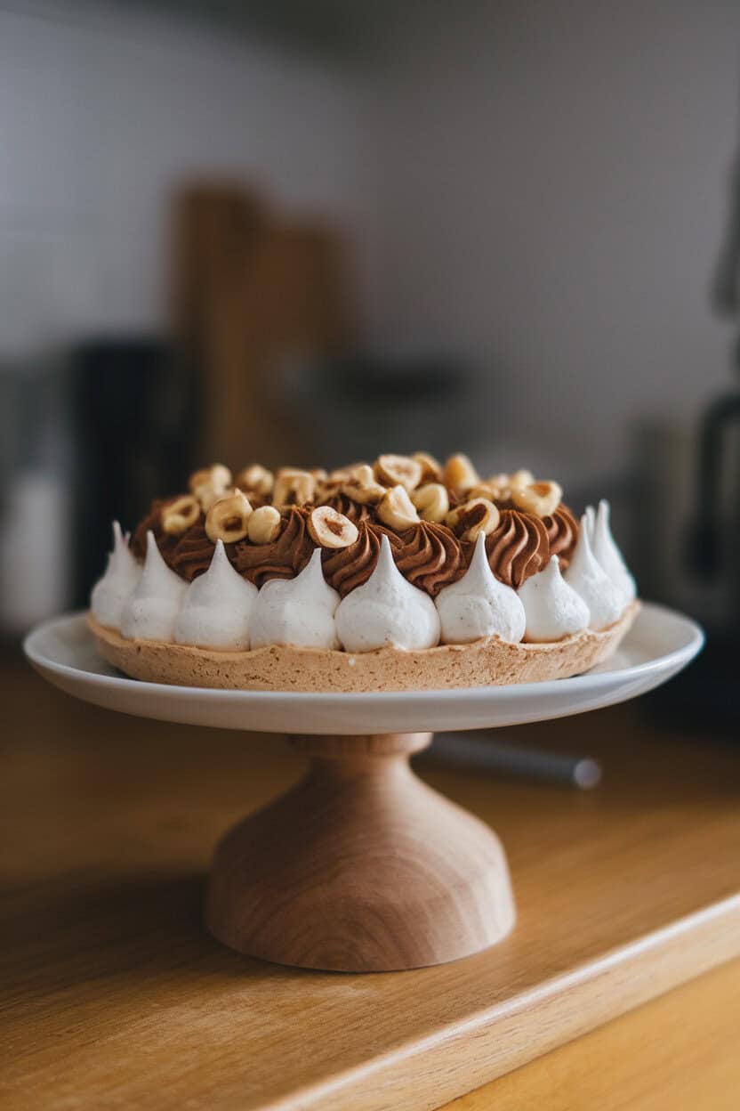 Photo prompt: Indoor cake stand holding a crisp meringue shell topped with chocolate whipped cream and toasted hazelnuts, slight side angle, no text or logos.