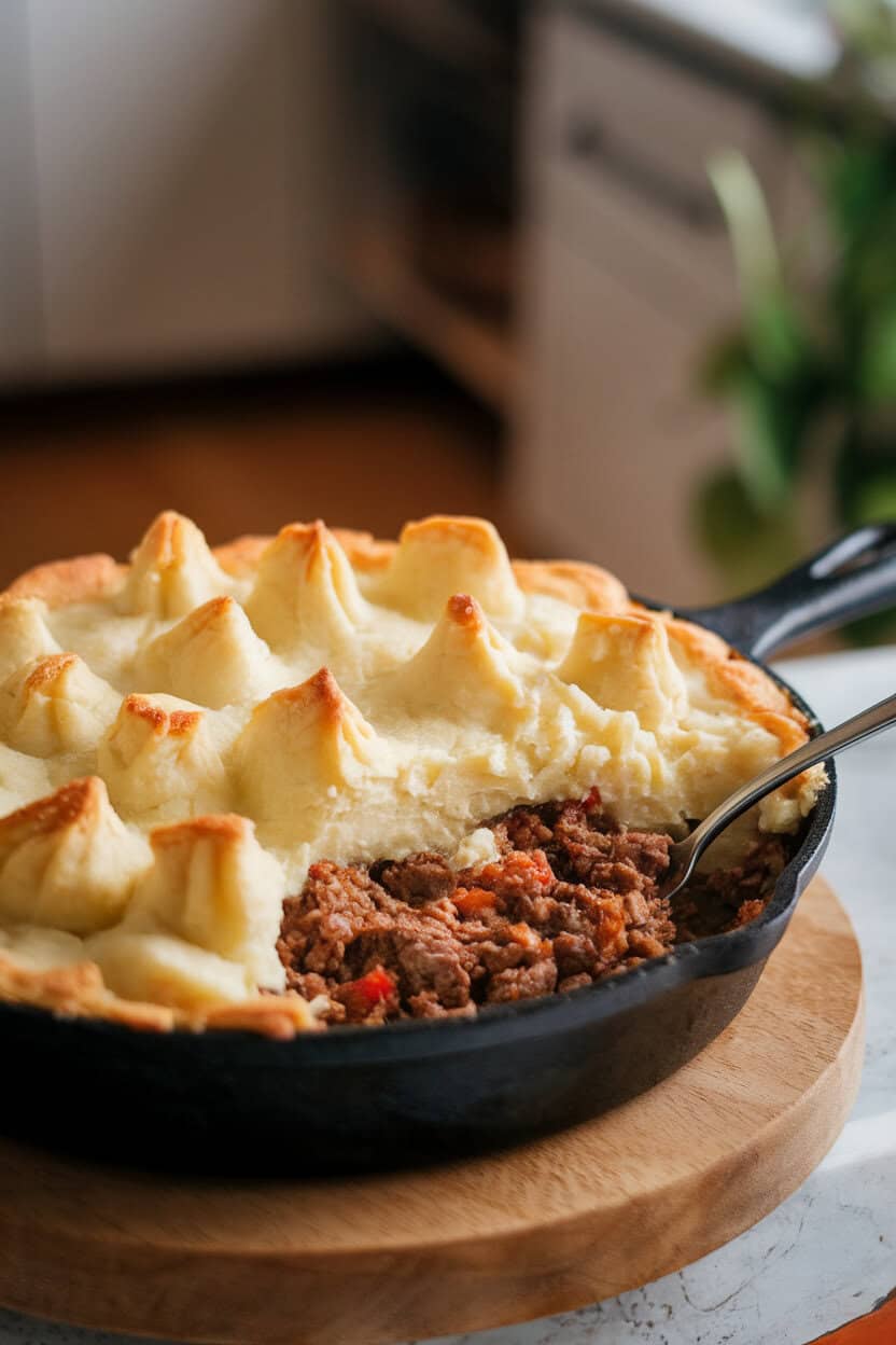 A cast-iron skillet filled with shepherd’s pie under indoor lighting; fluffy mashed potato peaks lightly browned on top, a spoon revealing the meaty filling beneath. No text or logos. Photo, not illustration.