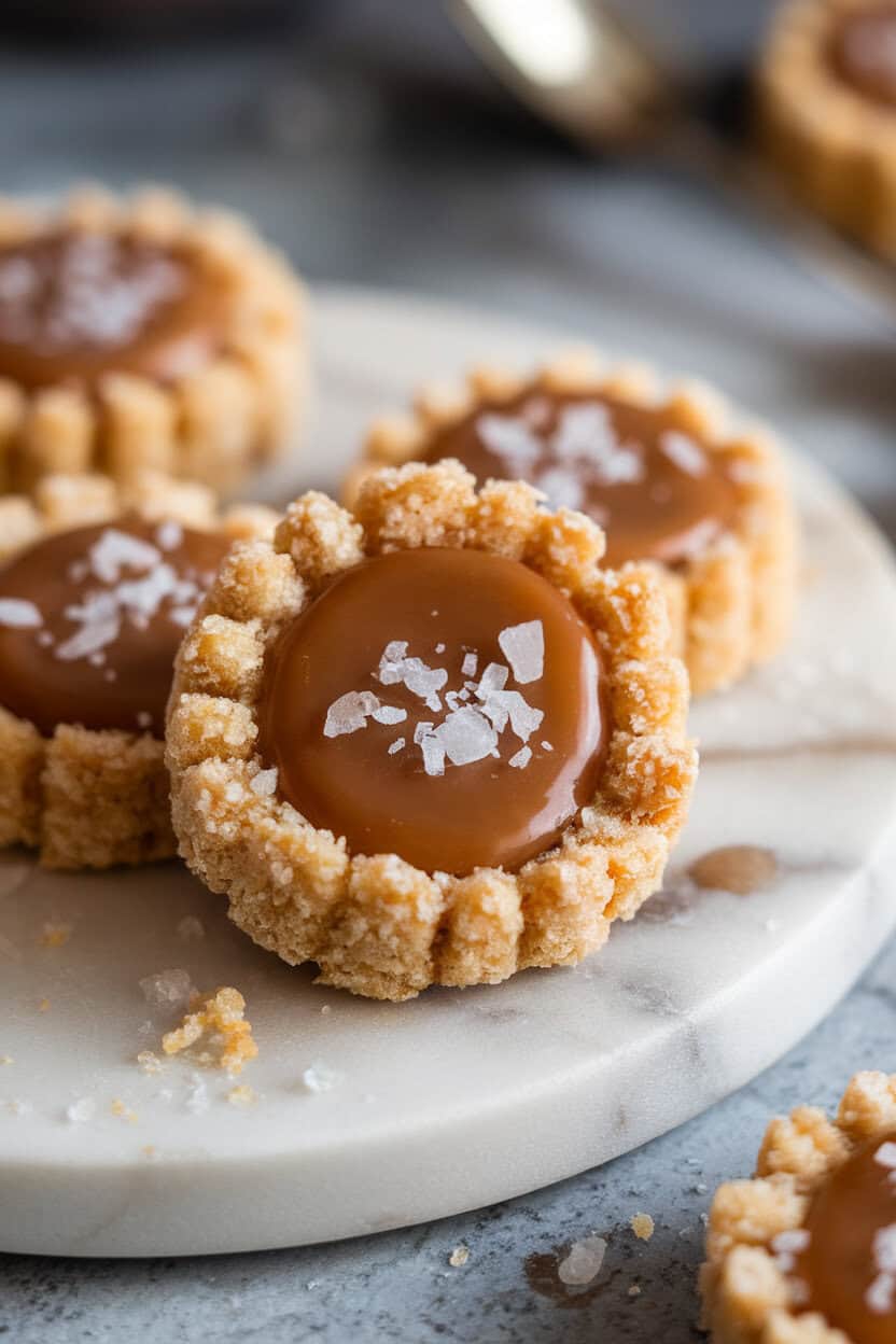 Close-up of caramel-filled thumbprint cookies sprinkled with flaky sea salt on a small indoor marble board. No text or logos. Photo, not illustration.