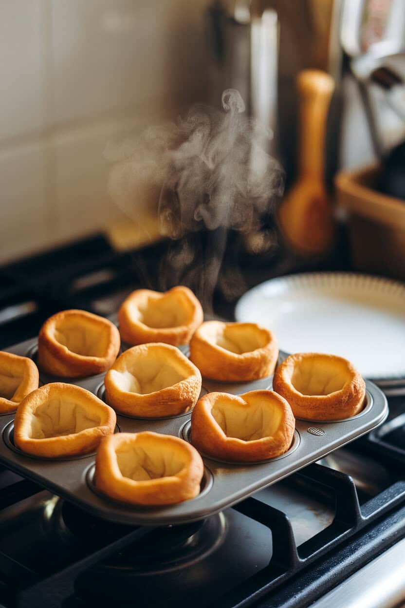 Photo of puffed golden Yorkshire puddings in a muffin tin on an indoor stovetop, steam rising. No text or logos.
