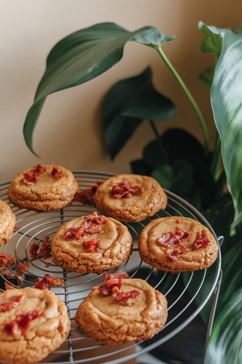 Photo prompt: Indoor breakfast nook with maple bacon cookies on a wire rack, crumbled bacon pieces visible, no text or logos.