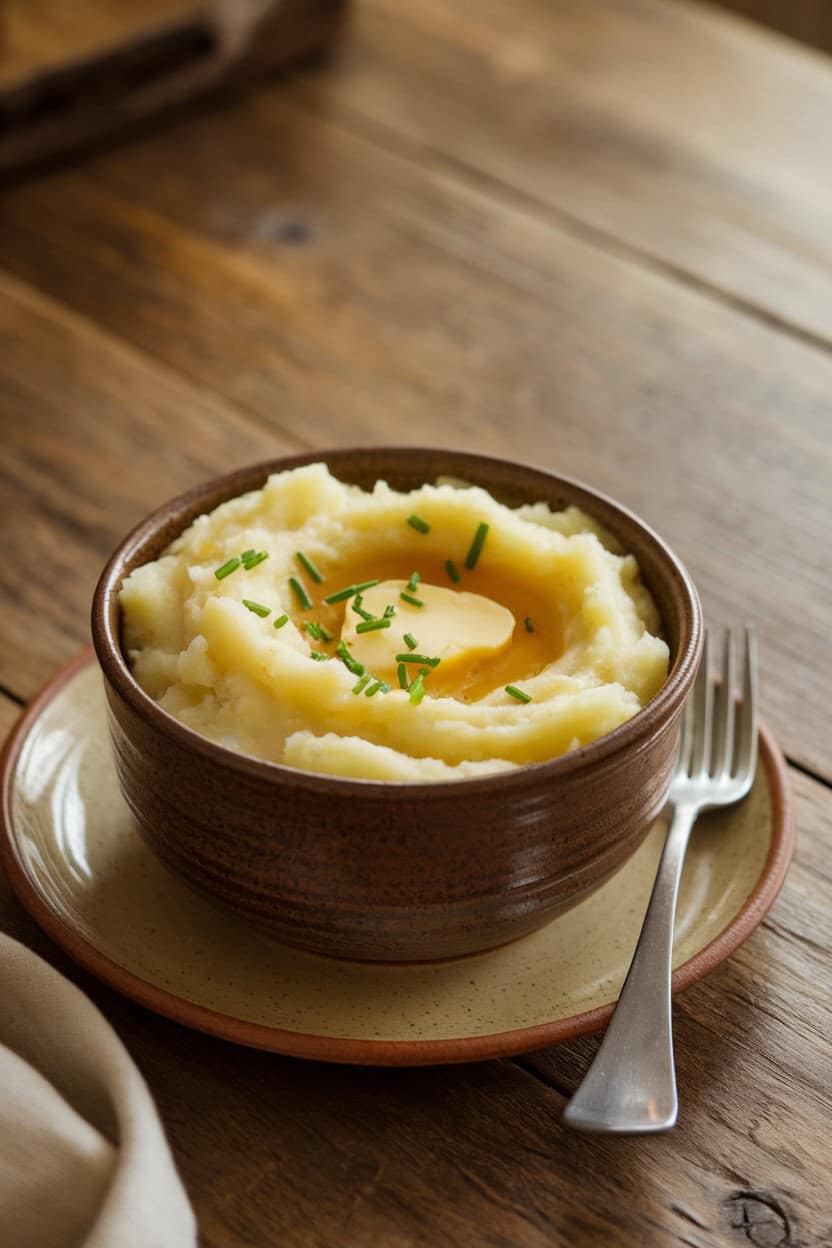A warmly lit indoor dining table showcasing a ceramic bowl filled with fluffy mashed potatoes, a swirl of melted butter pooling on top, and a light sprinkle of chopped chives. Shot from a slight overhead angle, no text or logos visible. Photo.</Prompt