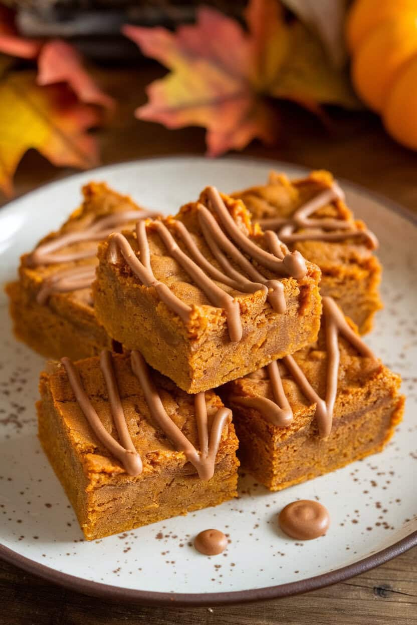 An indoor dessert plate stacked with pumpkin blondie squares, brown butter speckles visible, autumn leaves decor in background. No text or logos.