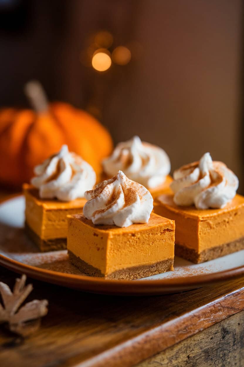 A warmly lit indoor dessert plate with mini pumpkin-cheesecake squares topped with whipped cream rosettes and a dusting of cinnamon. No text or logos.