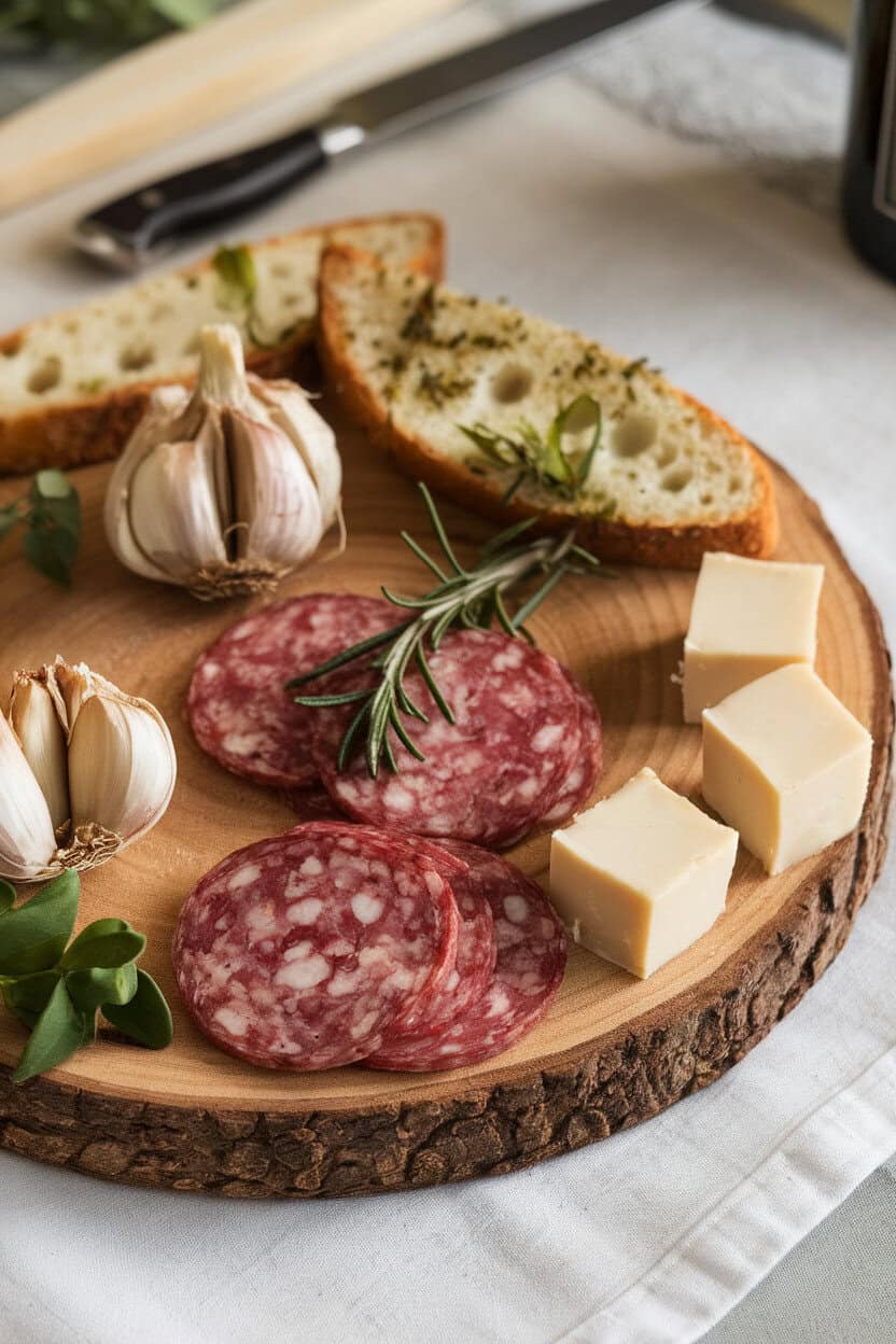 Indoor image of a board holding roasted garlic bulbs, rosemary-crusted salami, creamy taleggio cubes, and olive oil crostini. No text or logos.