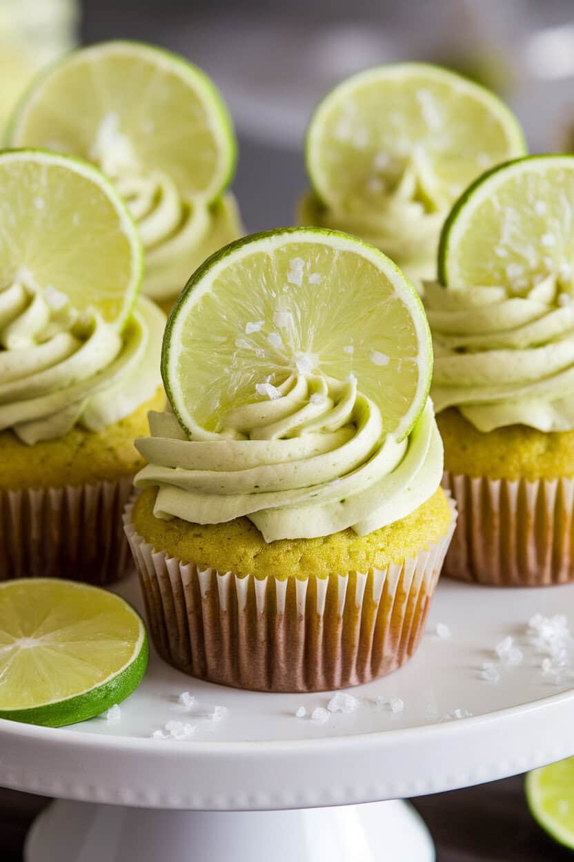 Indoor photo of lime cupcakes with fluffy tequila-lime frosting and a candied lime wheel, sprinkled with coarse sea salt, displayed on a white platter. No logos or text.