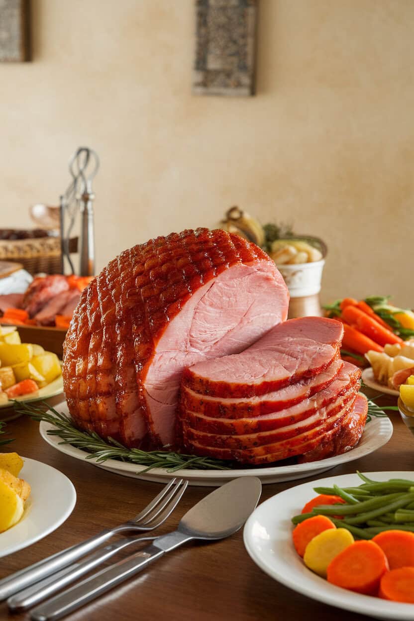Indoor dining table with sliced spiral ham glazed and glistening, no visible text or logos.