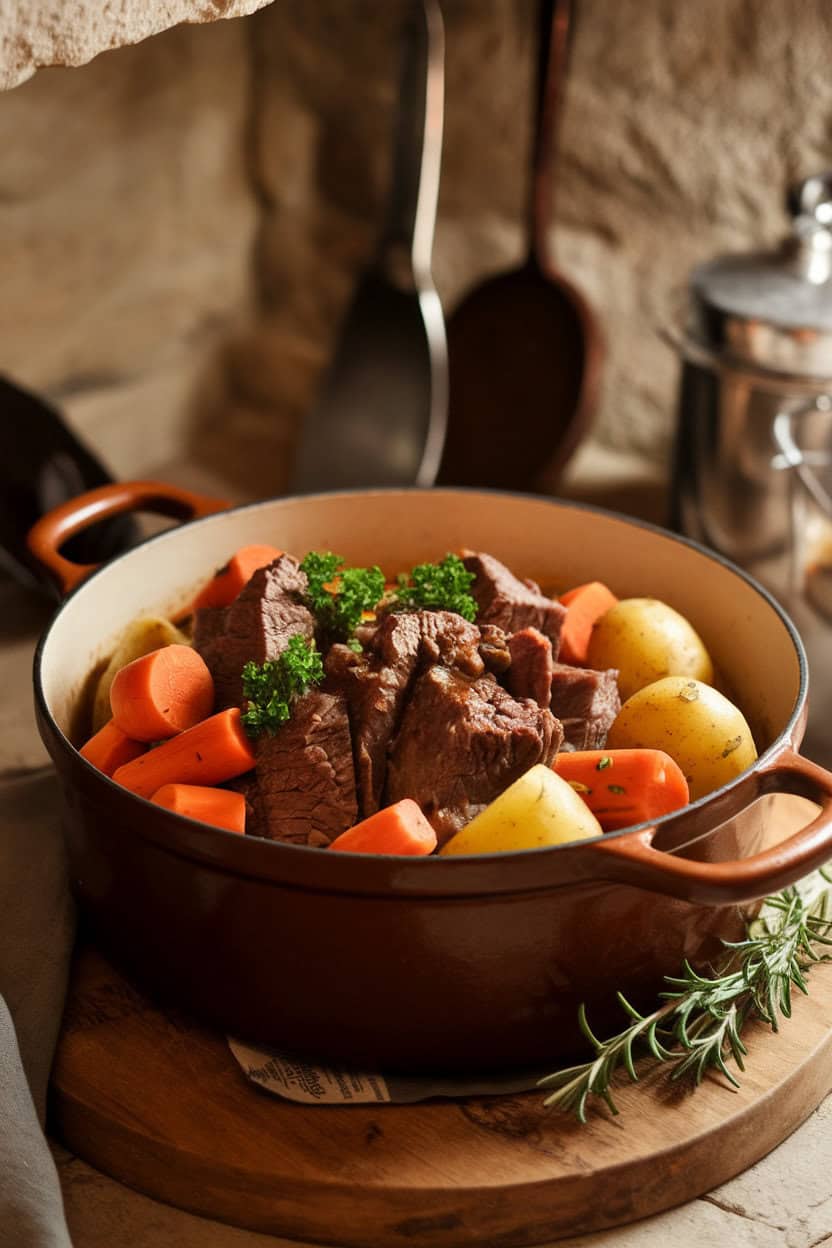 Cozy indoor shot of a Dutch oven filled with braised beef, carrots, and potatoes, garnished with fresh parsley. No text or logos. Photo, not illustration.