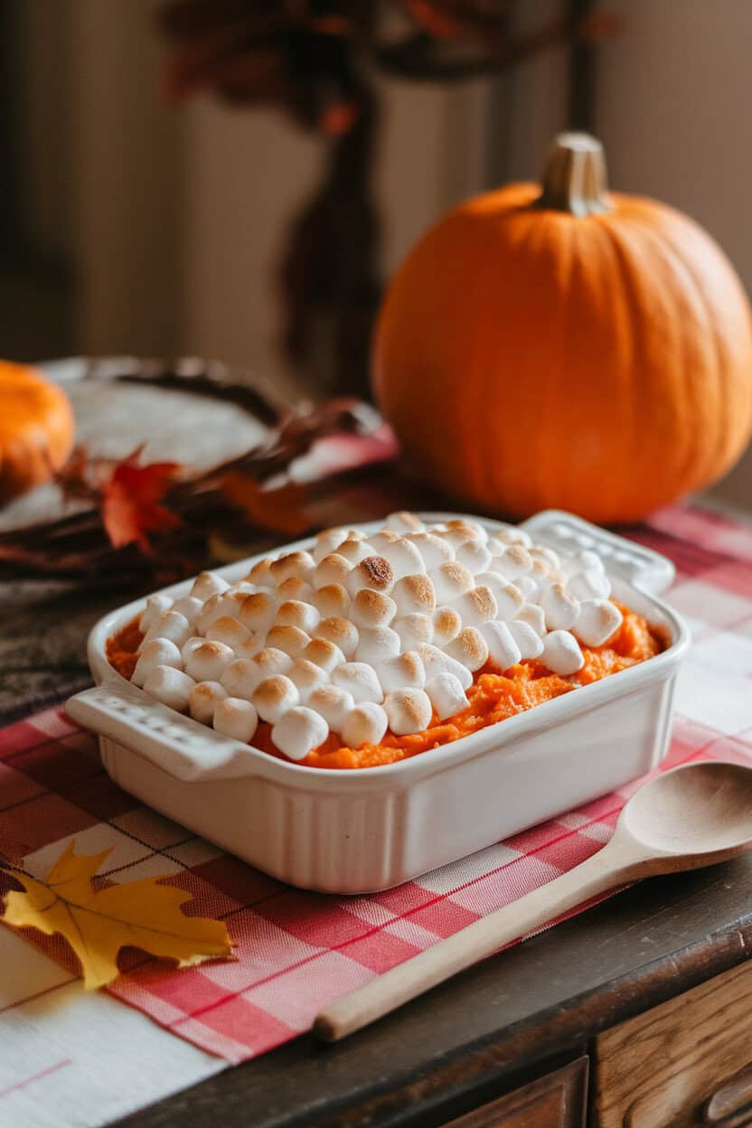 An indoor dining table with a white ceramic baking dish of mashed sweet potatoes topped with toasted mini marshmallows, edges slightly caramelized. No text or logos. Photo, not illustration.