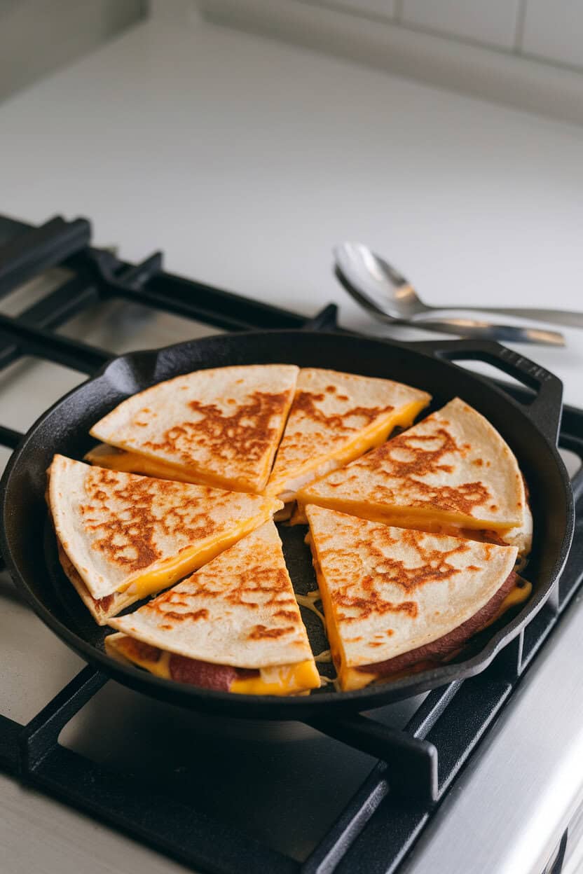 Indoor stovetop scene with star-shaped quesadilla wedges on a cast-iron skillet, cheese oozing slightly, no text or logos, photo style