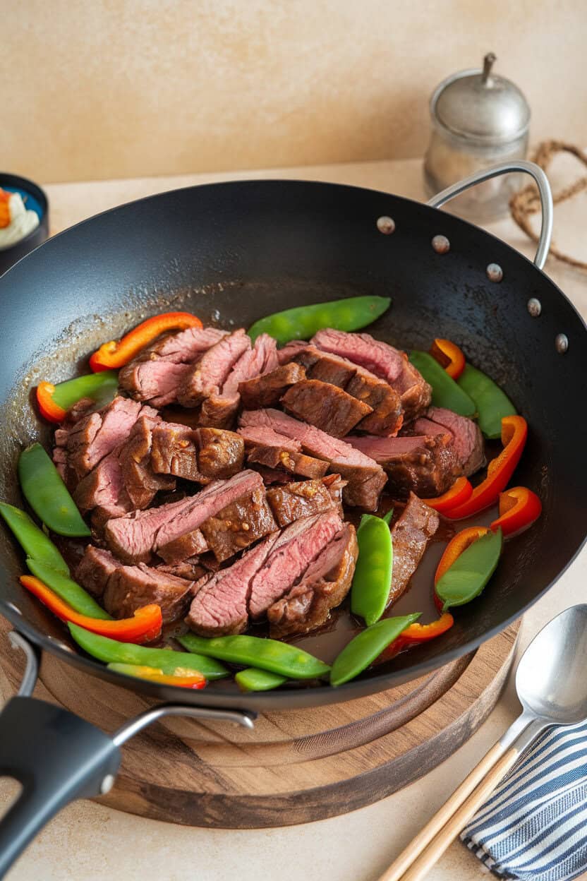 Photo of a wok filled with sliced cooked lamb, snap peas, and bell peppers in a glossy honey-garlic sauce, shot indoors, no text or logos.