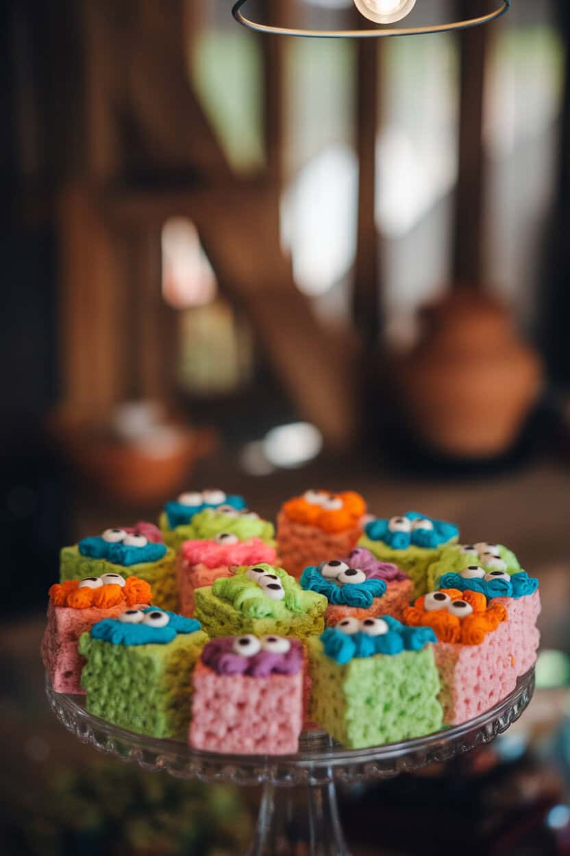 Indoor platter of brightly colored marshmallow cereal squares, each topped with candy eyes and colored frosting “hair.” Soft spotlight from above; no text or logos. Photo only.