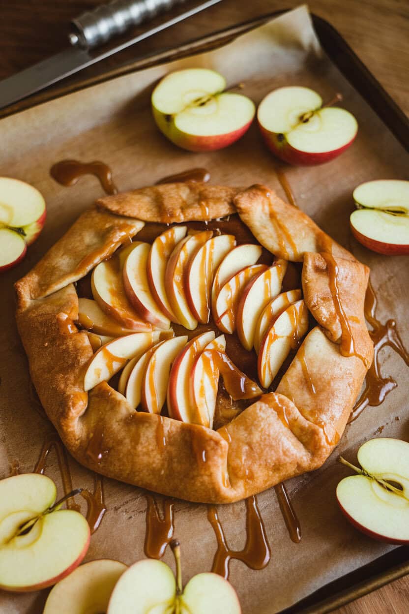 A rustic galette with overlapping apple slices and caramel drizzle on a parchment-lined baking sheet, indoor lighting, no text or logos.