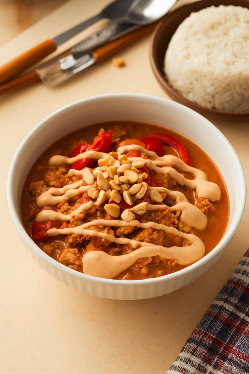 Indoor photo of a bowl of chili with ground chicken, red peppers, and a drizzle of creamy peanut sauce, garnished with chopped peanuts; no text or logos