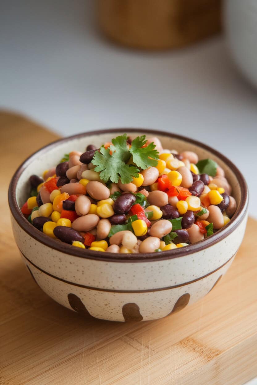 An indoor ceramic bowl of colorful bean salad with black-eyed peas, black beans, corn, diced bell peppers, and cilantro. No text or logos. Photo, not an illustration.