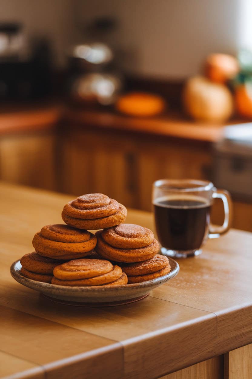 Photo prompt: A warmly lit indoor kitchen island featuring a small ceramic plate stacked with pumpkin-spice snickerdoodles dusted in cinnamon–sugar, a mug of black coffee blurred in the background. No text or logos anywhere in the scene.