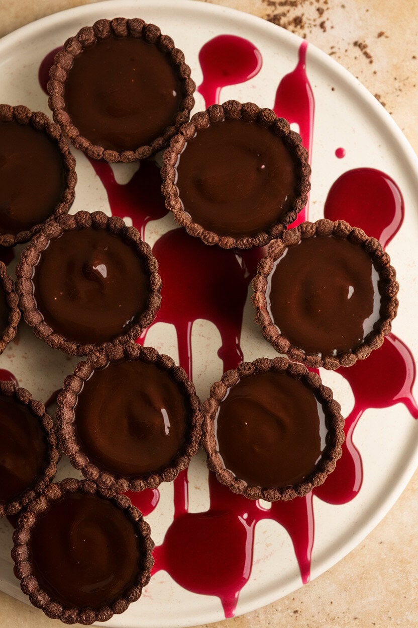 Photo, not illustration. Indoor platter of mini dark chocolate tartlets with glossy raspberry coulis drips resembling blood, no logos.