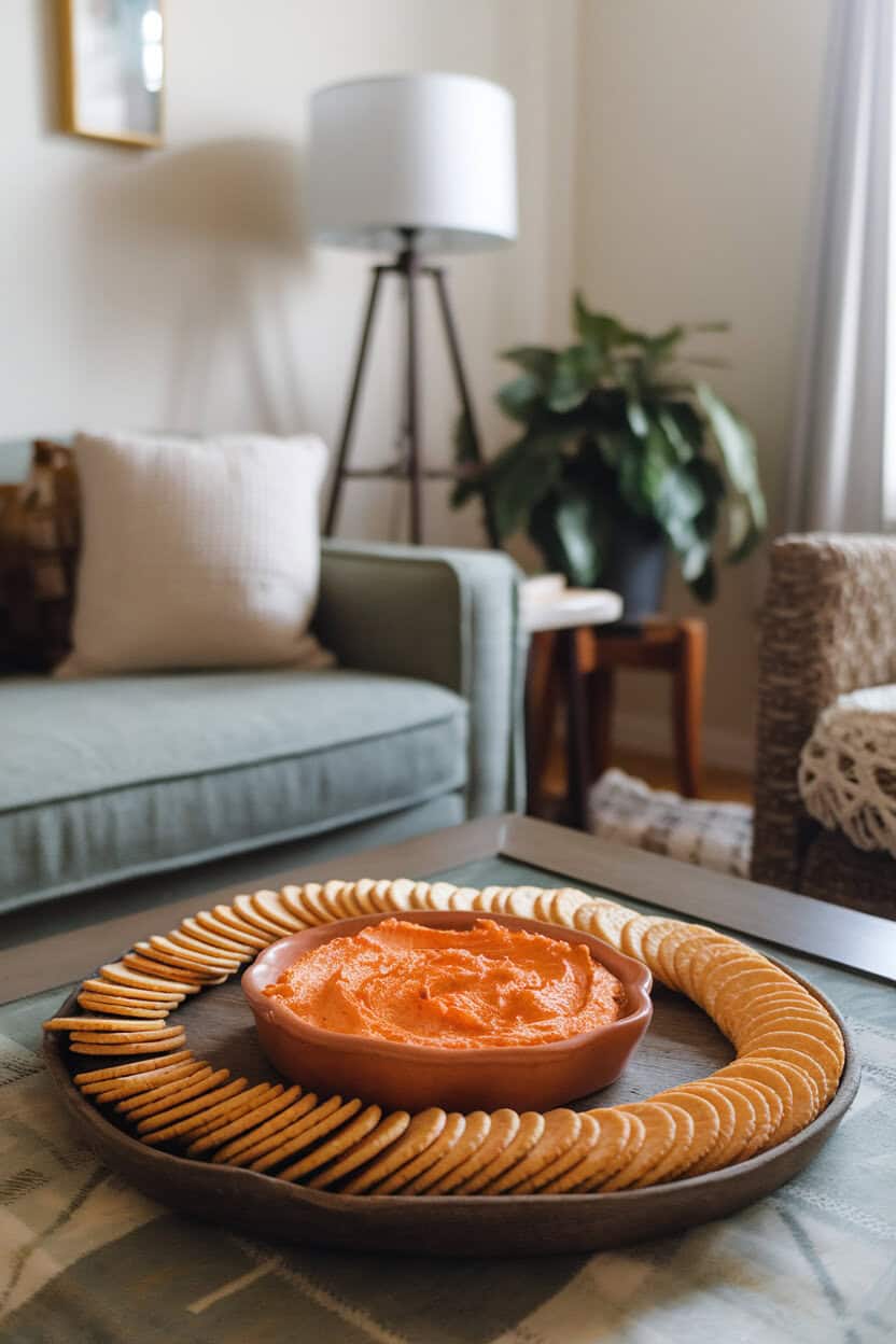 An indoor coffee table with a shallow dish of orange-hued goat cheese dip and crackers arranged neatly. No text or logos.