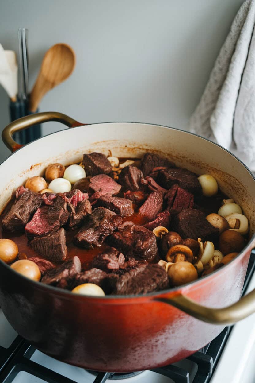 A heavy pot of beef Burgundy with pearl onions and mushrooms in red wine sauce, set on an indoor stove. No text or logos; photo, not illustration.