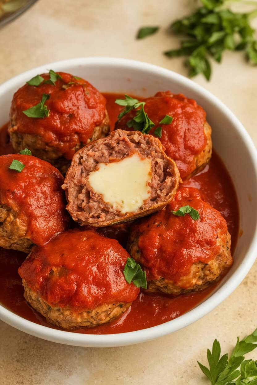 An indoor bowl of marinara-coated meatballs, one cut open to reveal melted Brie at the center, garnished with parsley. No text or logos. Photo only.