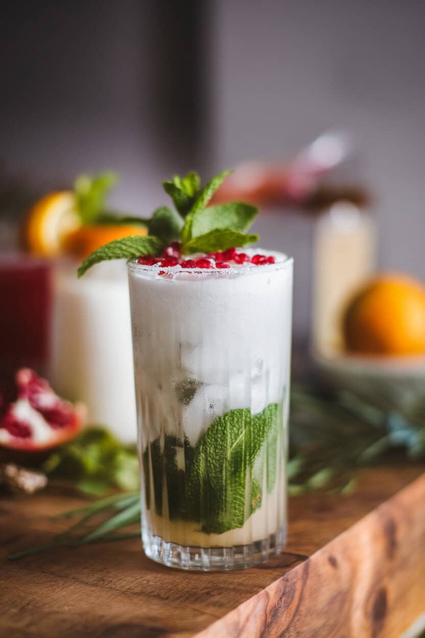 Photo of a highball glass indoors, snowy-white coconut mojito with green mint leaves and pomegranate seeds like ornaments. No text or logos.