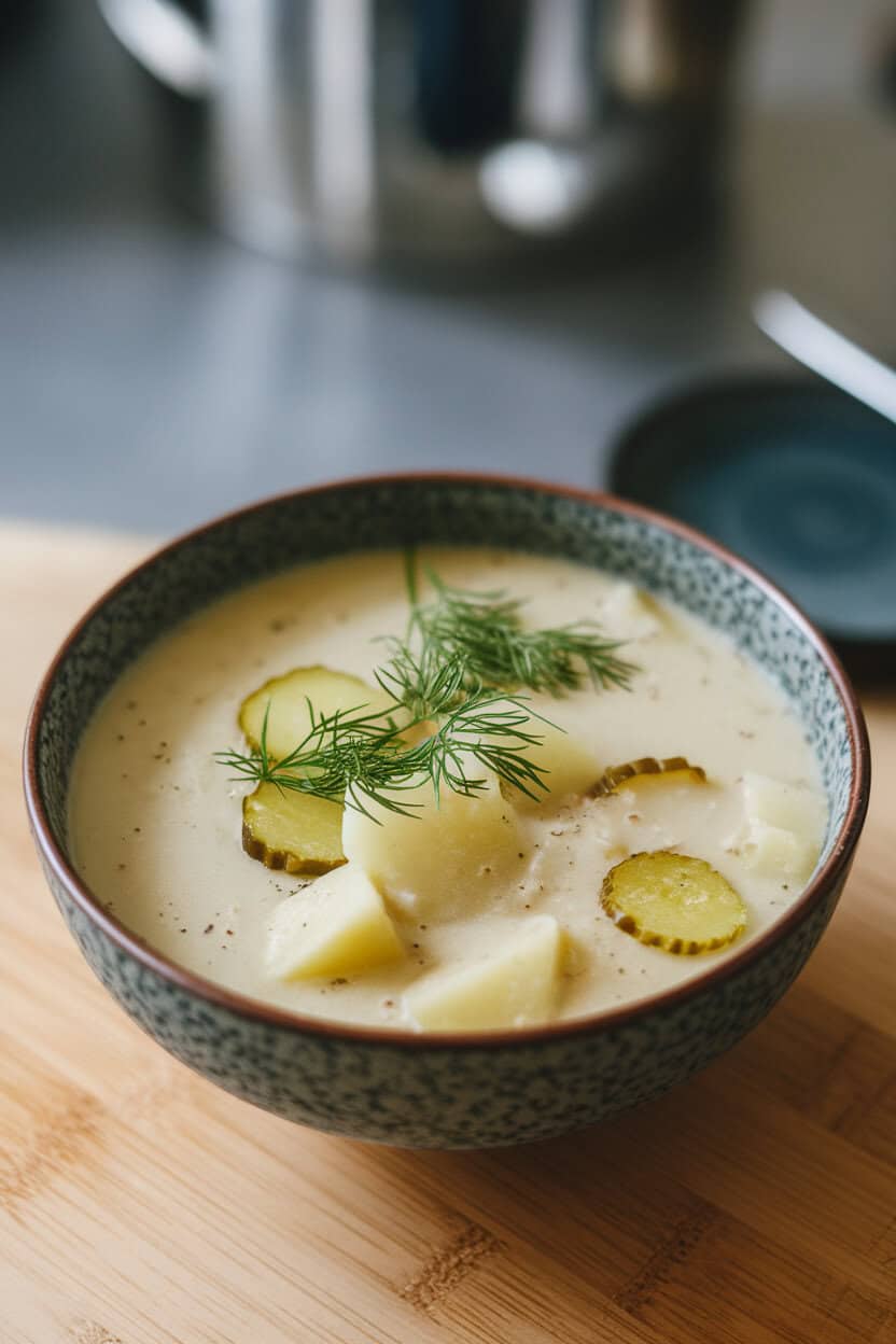 Indoor shot of pale soup with potato chunks and pickle slices, topped with fresh dill sprigs. No text or logos
