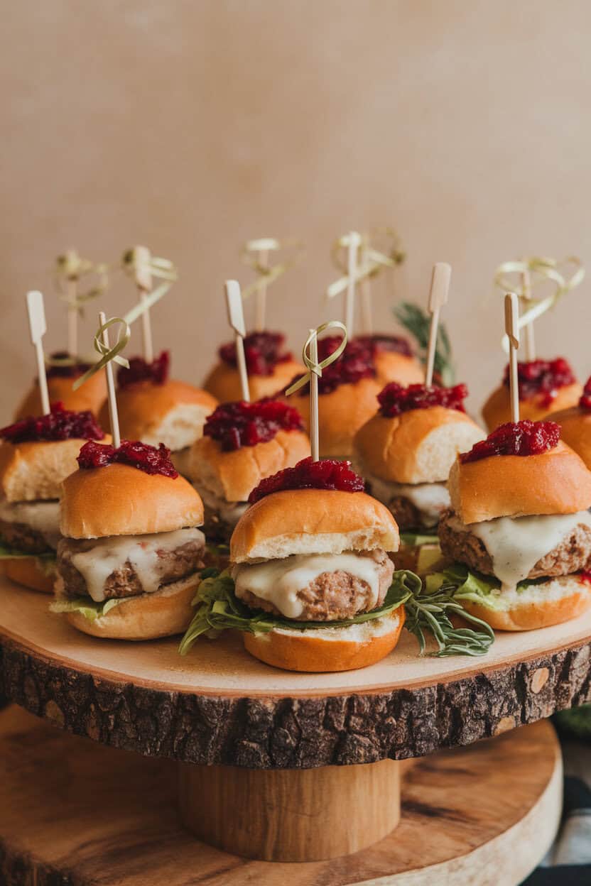 Indoor platter of mini turkey burgers on soft rolls with cranberry relish and melted Swiss cheese, skewered with festive picks. No text or logos.
